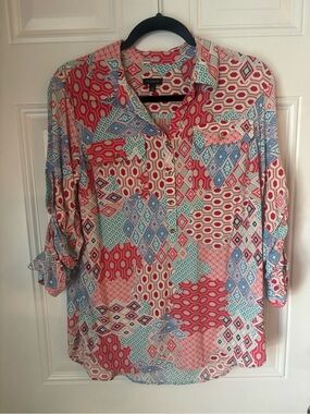 Talbots Coral, Light Blue & Cream Geometric Button-Down Blouse